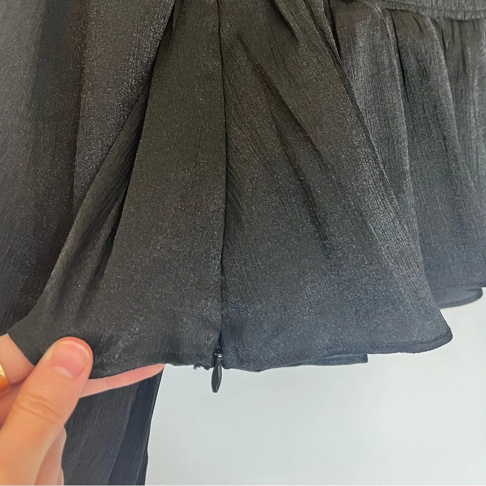ASTR Irene Sweetheart Top Black Shine Babydoll Puff Sleeve Peplum S